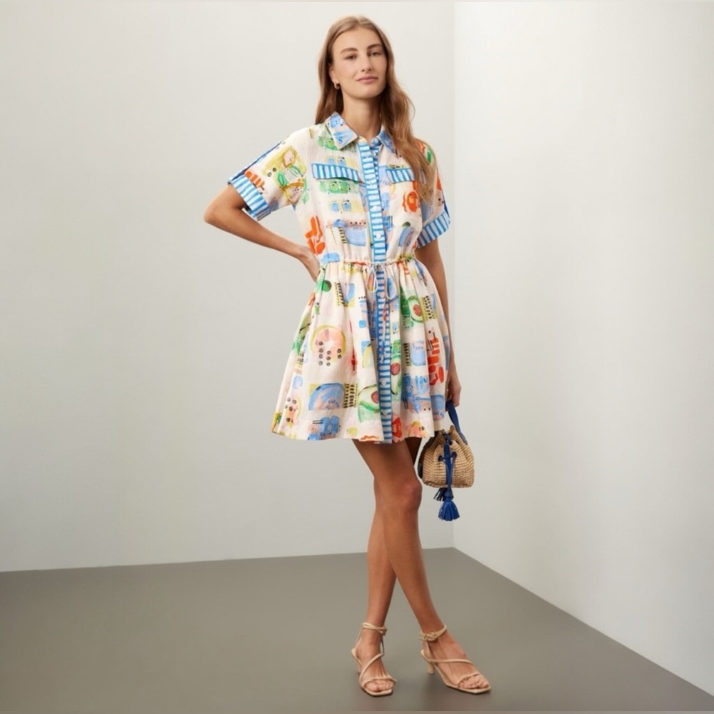 HUNTER BELL Multicolor Printed Cotton Mini Dress with Blue Trim